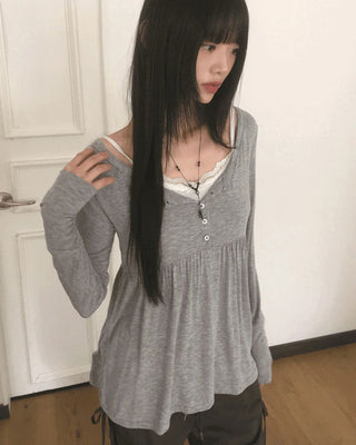 Hoshiv Button Shirring Layered Long Sleeve T-Shirt