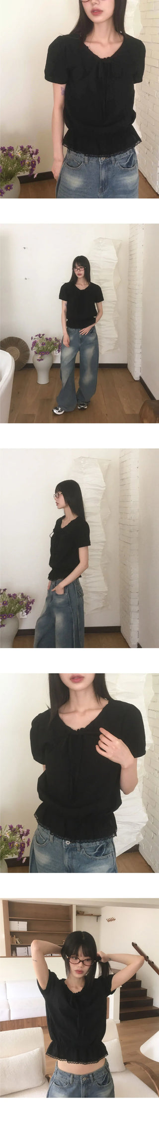 Pure Frill Lace String Short Sleeve Blouse