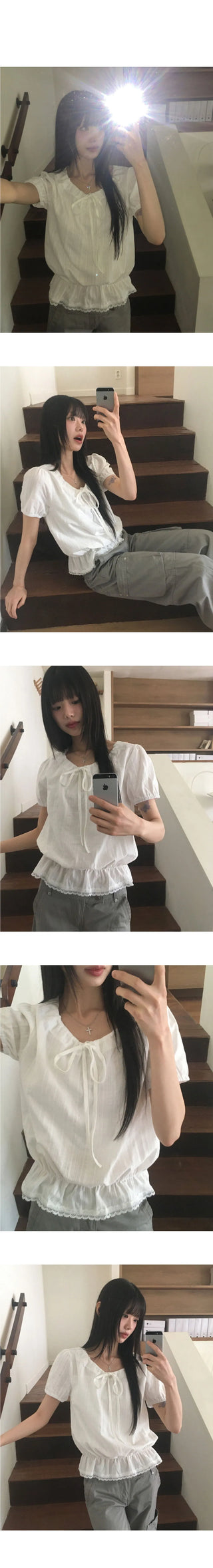 Pure Frill Lace String Short Sleeve Blouse