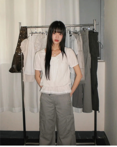 Pure Frill Lace String Short Sleeve Blouse
