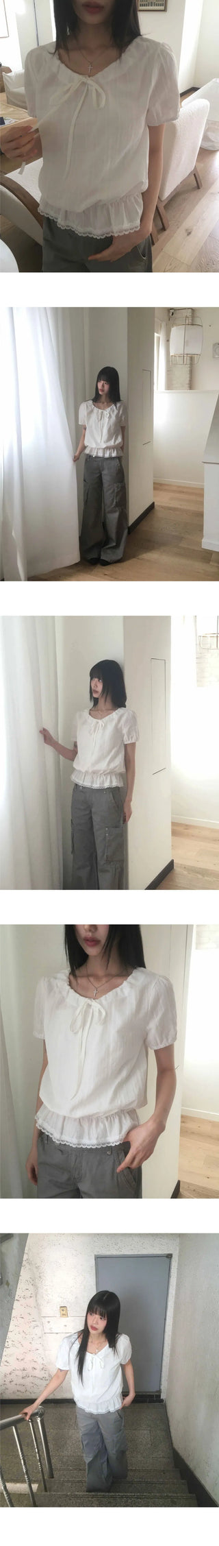 Pure Frill Lace String Short Sleeve Blouse