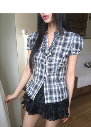 Divan V-Neck Check Frill Blouse