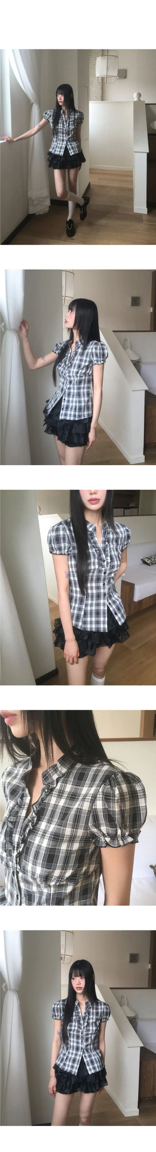 Divan V-Neck Check Frill Blouse