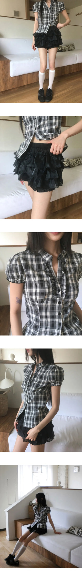 Divan V-Neck Check Frill Blouse