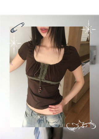 Kuro Vintage Shirring Lace Short Sleeve T-Shirt