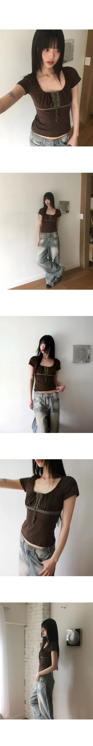 Kuro Vintage Shirring Lace Short Sleeve T-Shirt