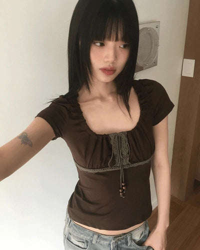 Kuro Vintage Shirring Lace Short Sleeve T-Shirt