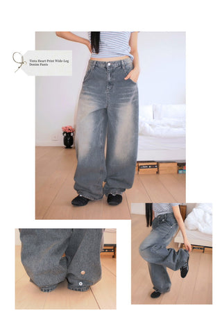 Tinta Heart Print Wide Denim Pants