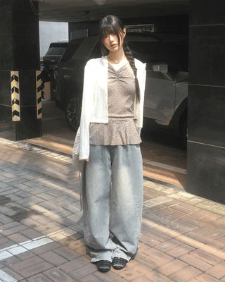 Minta Faded Side Pin Tuck Wide Denim Pants