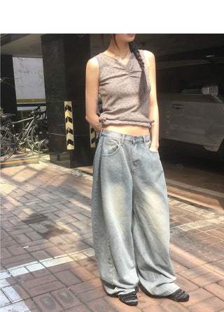 Minta Faded Side Pin Tuck Wide Denim Pants