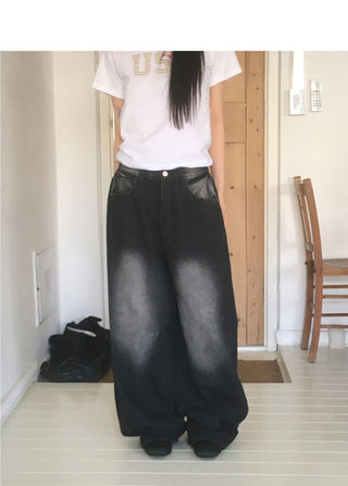 Minta Faded Side Pin Tuck Wide Denim Pants