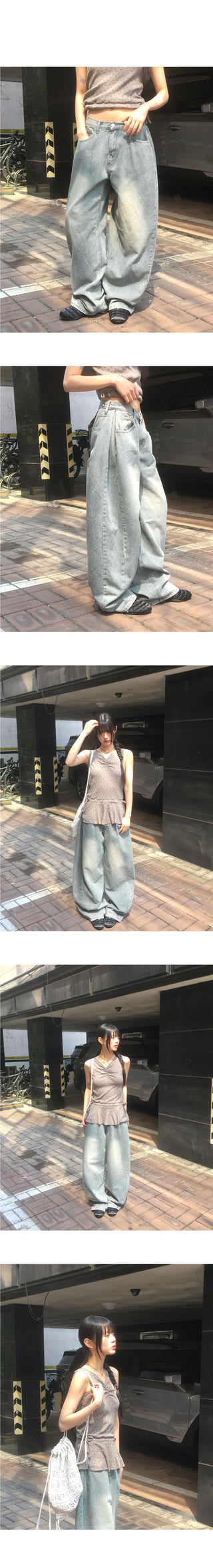 Minta Faded Side Pin Tuck Wide Denim Pants