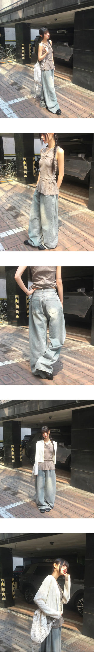 Minta Faded Side Pin Tuck Wide Denim Pants