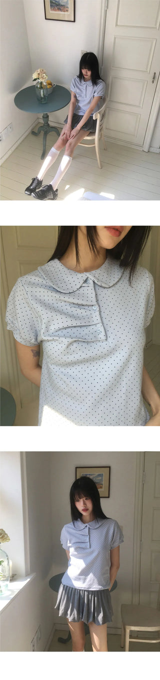 Polat Dot Pintuck Collar Short Sleeve T-Shirt