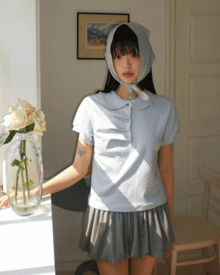 Polat Dot Pintuck Collar Short Sleeve T-Shirt
