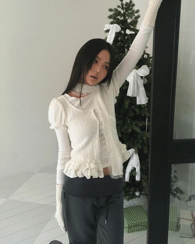 Woomin Lace Muffler Short Sleeve Cardigan Long Sleeve T-Shirt Set