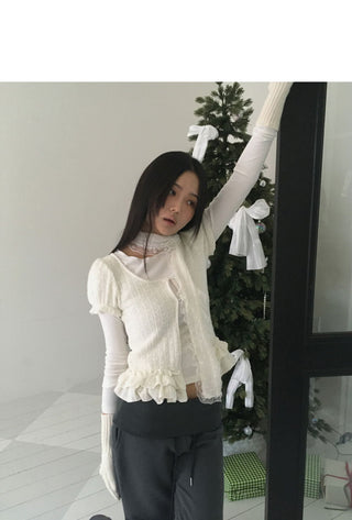 Woomin Lace Muffler Short Sleeve Cardigan Long Sleeve T-Shirt Set