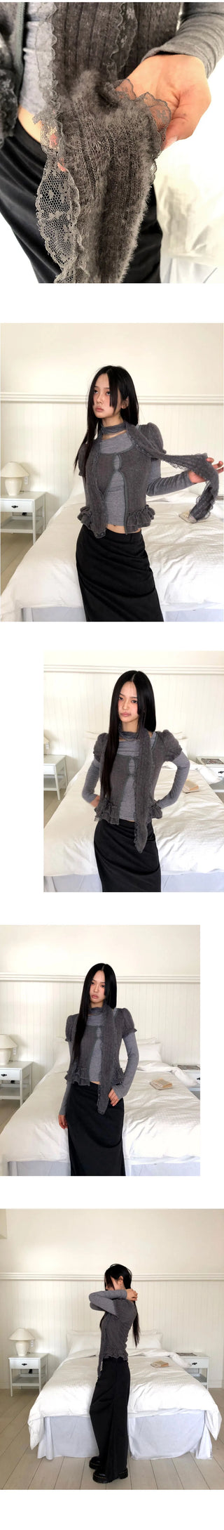 Woomin Lace Muffler Short Sleeve Cardigan Long Sleeve T-Shirt Set