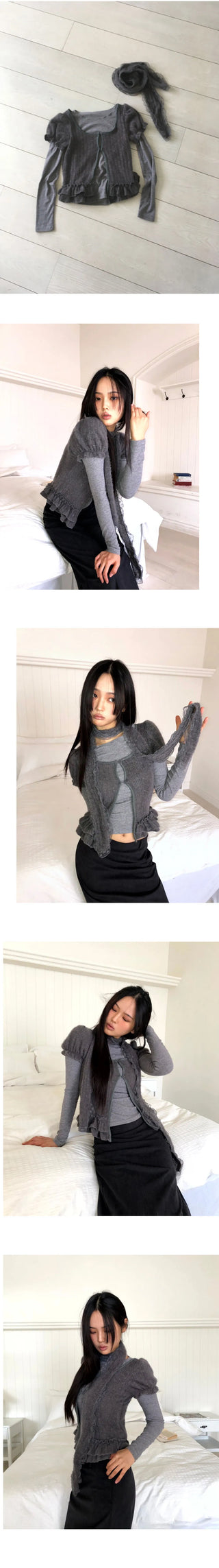 Woomin Lace Muffler Short Sleeve Cardigan Long Sleeve T-Shirt Set