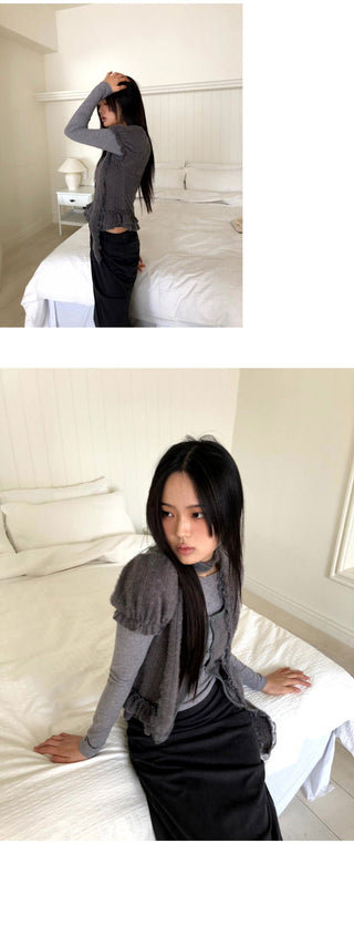 Woomin Lace Muffler Short Sleeve Cardigan Long Sleeve T-Shirt Set