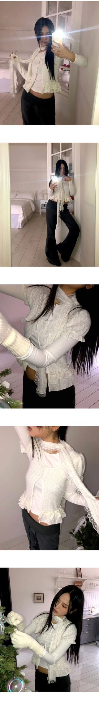 Woomin Lace Muffler Short Sleeve Cardigan Long Sleeve T-Shirt Set