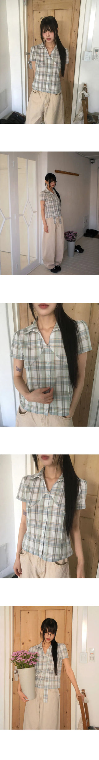 Candle Check Tie Collar Puff Short Sleeve Shirt Blouse