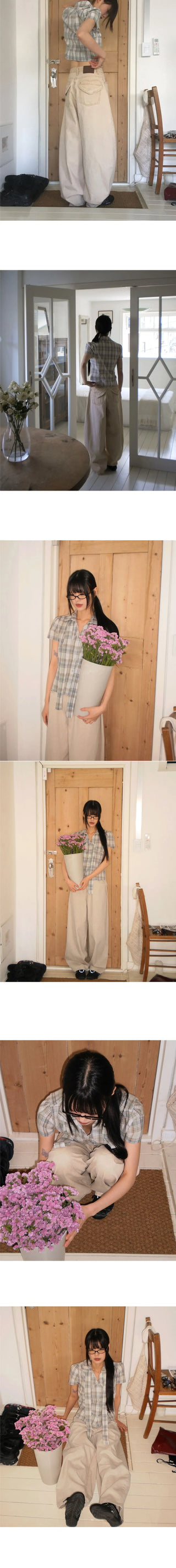 Candle Check Tie Collar Puff Short Sleeve Shirt Blouse