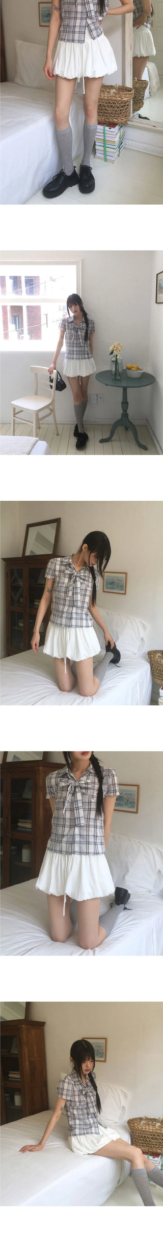 Candle Check Tie Collar Puff Short Sleeve Shirt Blouse