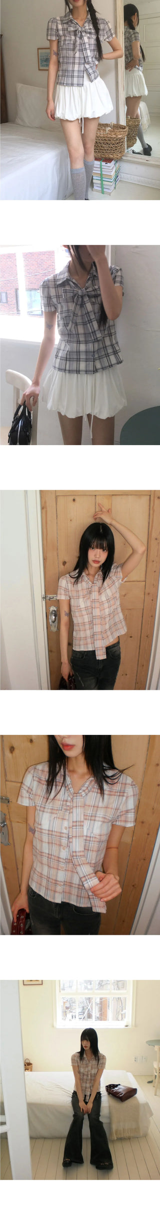 Candle Check Tie Collar Puff Short Sleeve Shirt Blouse
