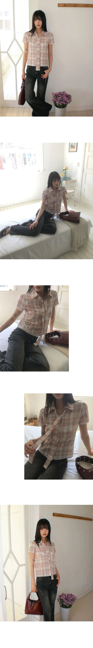 Candle Check Tie Collar Puff Short Sleeve Shirt Blouse