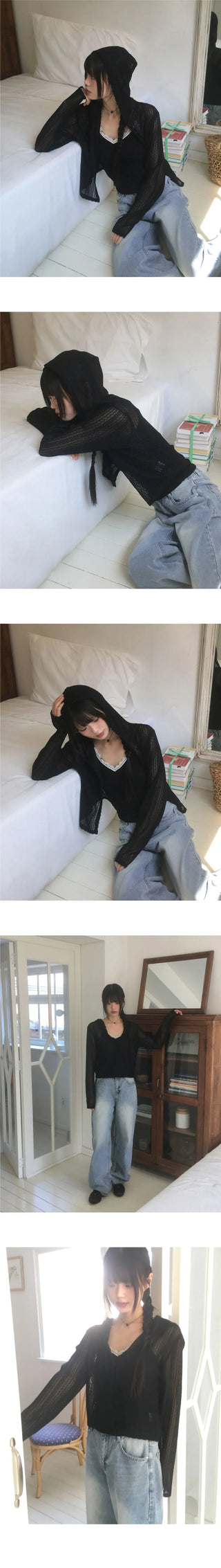 Bellic See-Through Punching Lace Hooded Cardigan