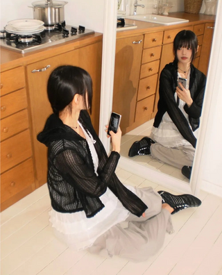 Bellic See-Through Punching Lace Hooded Cardigan