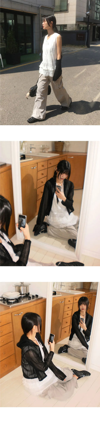 Bellic See-Through Punching Lace Hooded Cardigan