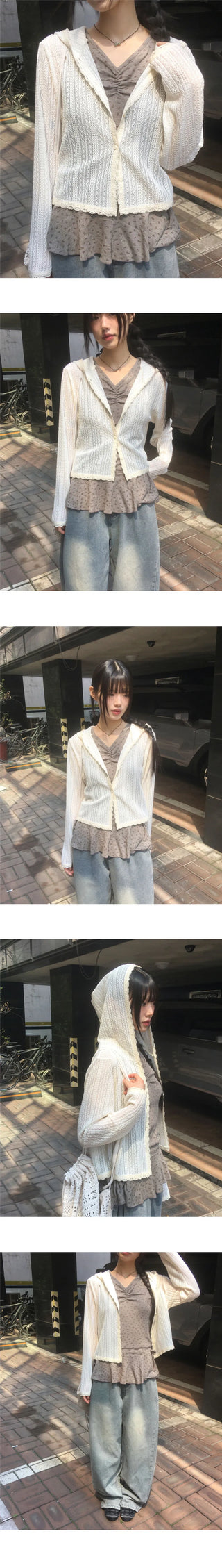 Bellic See-Through Punching Lace Hooded Cardigan