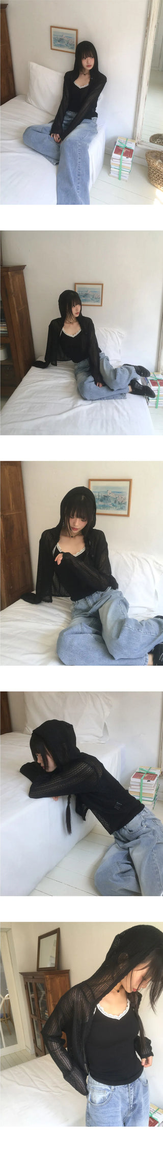 Bellic See-Through Punching Lace Hooded Cardigan