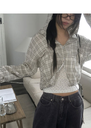 Pure Check Hood Button Cardigan