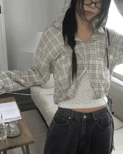 Pure Check Hood Button Cardigan