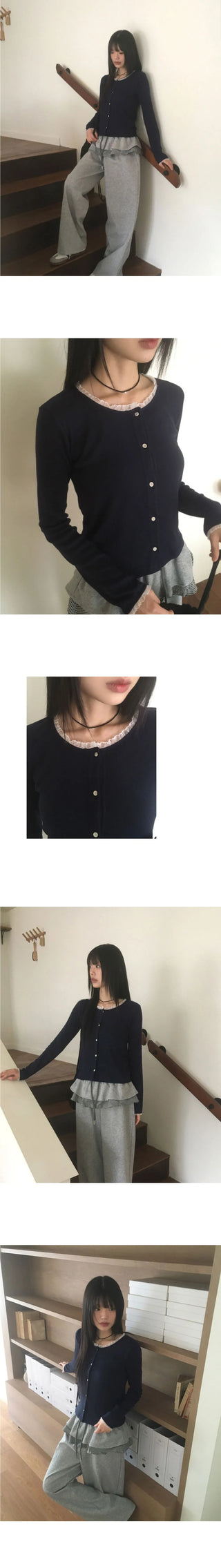 Nibbed Chiffon Lace Knitwear Cardigan