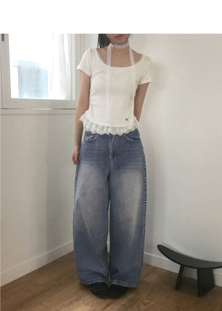 Caric Two Way Snap Button Faded Wide Denim Pants