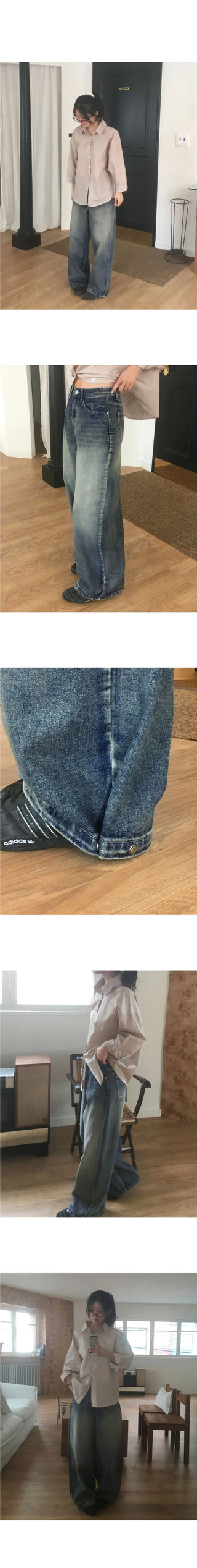 Caric Two Way Snap Button Faded Wide Denim Pants