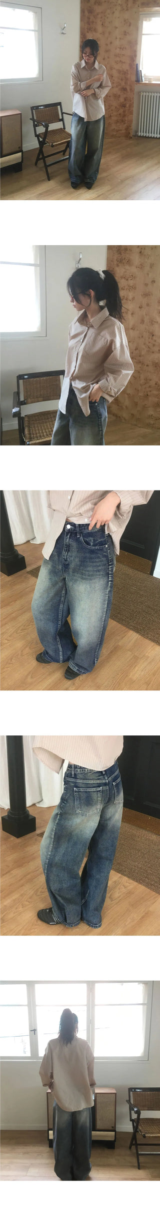 Caric Two Way Snap Button Faded Wide Denim Pants