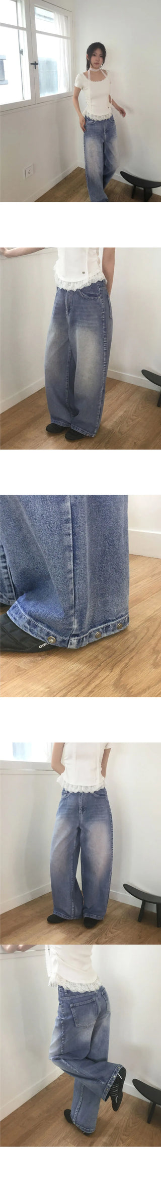 Caric Two Way Snap Button Faded Wide Denim Pants