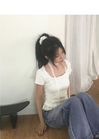 Cabel Lace Frill Pendant Short Sleeve T-Shirt