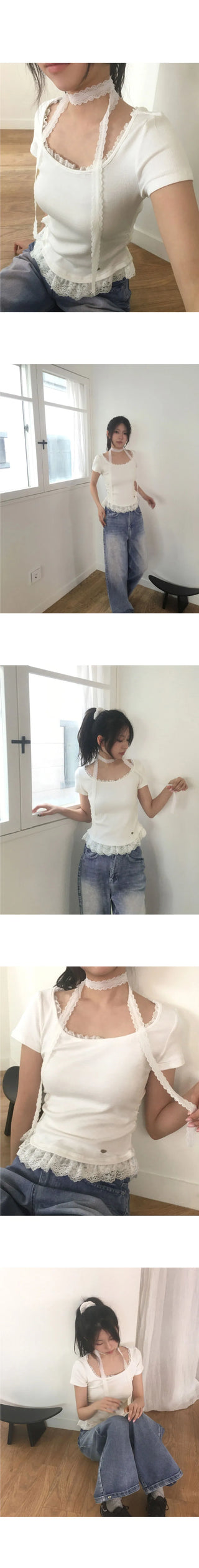 Cabel Lace Frill Pendant Short Sleeve T-Shirt