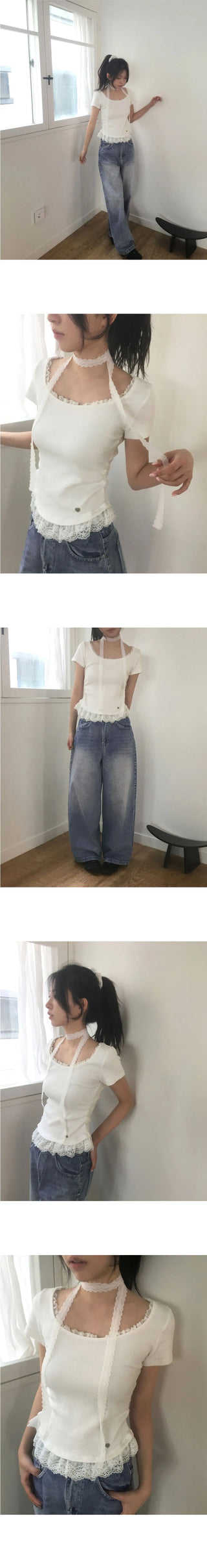 Cabel Lace Frill Pendant Short Sleeve T-Shirt