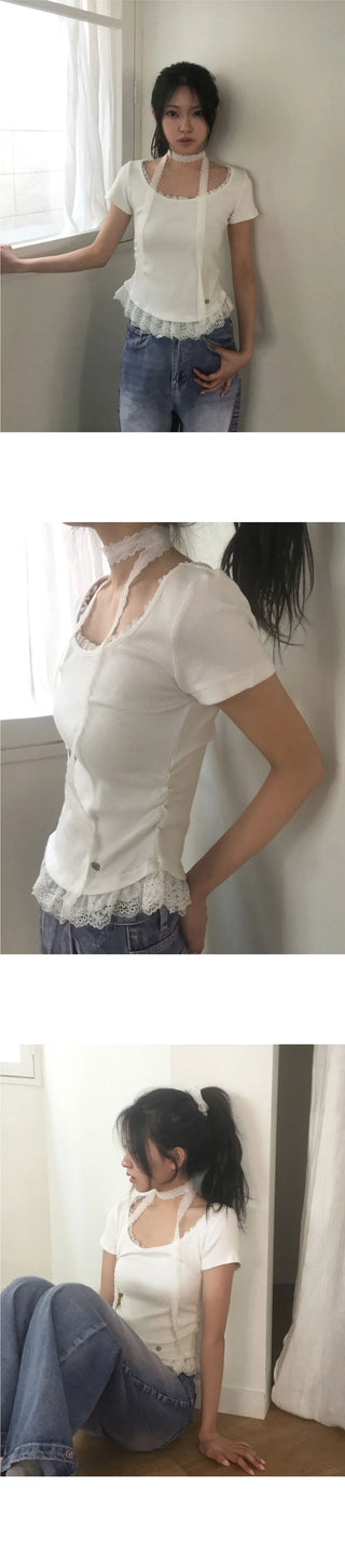 Cabel Lace Frill Pendant Short Sleeve T-Shirt