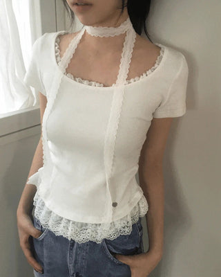 Cabel Lace Frill Pendant Short Sleeve T-Shirt