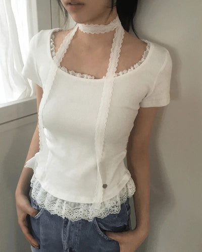 Cabel Lace Frill Pendant Short Sleeve T-Shirt