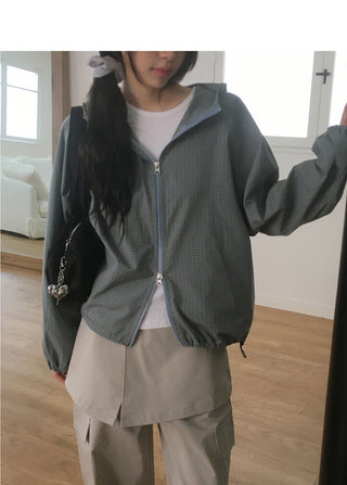 Suko Check Two Way Cotton Hooded Zip-Up