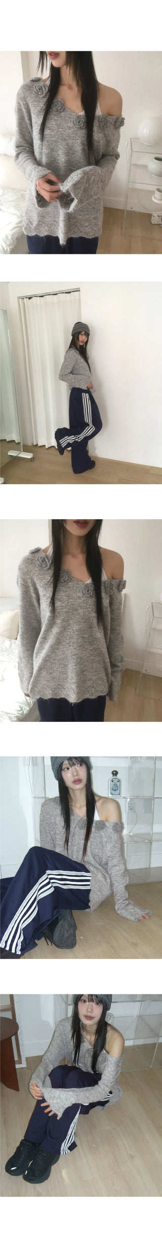 Huener Vintage Floral Loose-fit Off Shoulder Knitwear